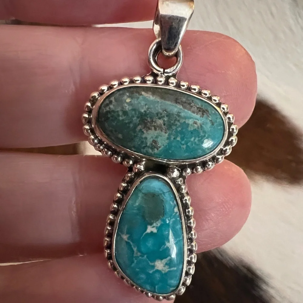 ❤️ White Water Turquoise Sterling Navajo Style 2 Stone Pendant 1.54”L - 5.8 Gram